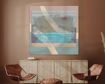 Moderne abstrakte Mixed Media Kunst. Collage mit einer Landschaft mit Bäumen in rosa, lila, blau von Dina Dankers