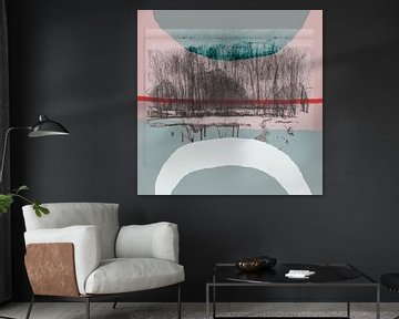 Moderne abstrakte Mixed Media Kunst. Collage mit einer Landschaft mit Bäumen in rosa blau, rot von Dina Dankers