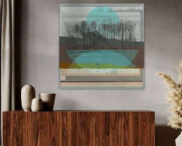 Moderne abstracte mixed media kunst. Collage met een landschap met bomen in bruin, blauw, groen