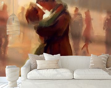 Painting of a dancing couple in warm colours by Carla Van Iersel