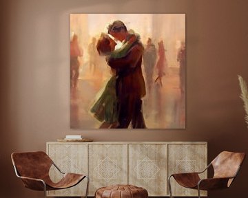 Painting of a dancing couple in warm colours by Carla Van Iersel