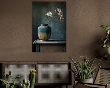 Stileven on a wooden cabinet with flowers by Digitale Schilderijen