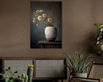Oude vaas op tafel met bloemen | Stilleven van Digitale Schilderijen