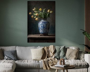 Nature morte | Vase hollandais bleu avec tulipes sur Digitale Schilderijen