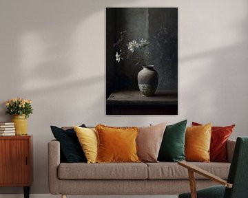 Stilleven met vaas en bloemen en betonnen achtergrond van Digitale Schilderijen