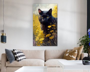 Zwarte kat tussen de gele bloementjes van But First Framing