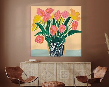 Peinture d'un vase avec des tulipes aux couleurs pastel sur Studio Allee