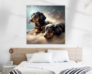 Two dachshunds on the beach
