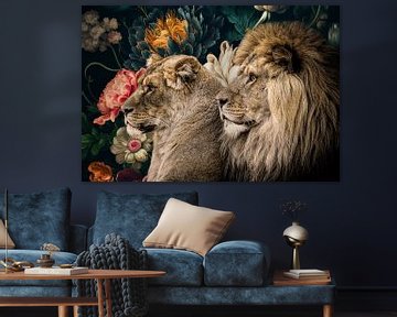 Beautiful lion couple in flowers