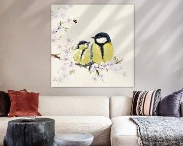 Young great tit with parent on blossom branch by Teuni's Dreams of Reality