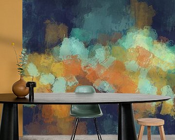 Moderne abstrakte expressionistische Malerei in Pastellfarben. Blau, orange, gelb. von Dina Dankers