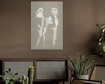 White flowers   in retro style. Modern botanical minimalist art in concrete grey and white by Dina Dankers