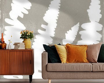 White ferns in retro style. Modern botanical minimalist art in concrete grey and white by Dina Dankers