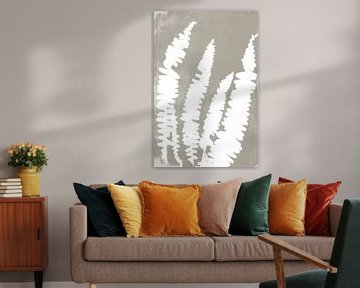 White ferns in retro style. Modern botanical minimalist art in concrete grey and white by Dina Dankers