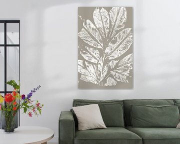 White leaves   in retro style. Modern botanical minimalist art in concrete grey and white by Dina Dankers