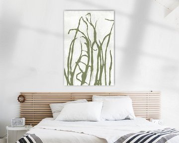 Green grass   in Japandi style. Modern botanical  art in pastel warm green and white. by Dina Dankers