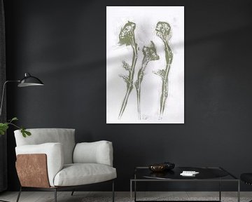 Green flowers   in Japandi style. Modern botanical  art in pastel warm green and white. by Dina Dankers
