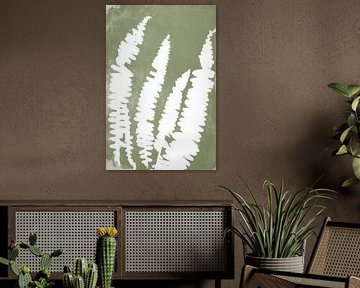 White ferns   in Japandi style. Modern botanical  art in pastel warm green and white. by Dina Dankers