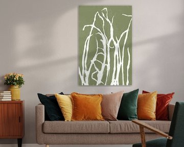 Wit gras in Japandi stijl. Moderne botanische kunst in pastel warm groen en wit. van Dina Dankers