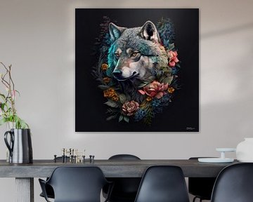 Wolf mit Blumen von Gelissen Artworks