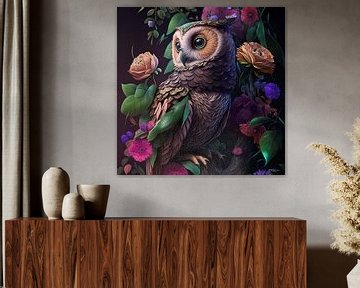 hibou avec des fleurs sur Gelissen Artworks