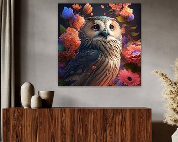 hibou avec des fleurs sur Gelissen Artworks