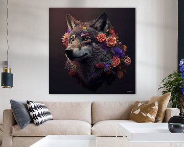 Wolf mit Blumen von Gelissen Artworks