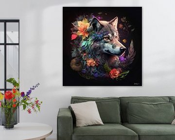 wolf met bloemen van Gelissen Artworks