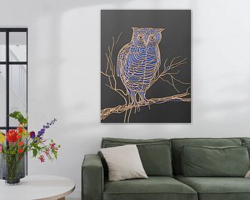 Uil op tak bruin-blauw-grijs van Harmanna Digital Art