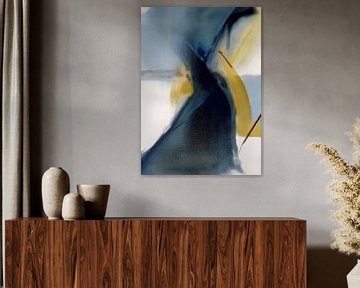 Modern abstract in donkerblauw en okergeel van Studio Allee