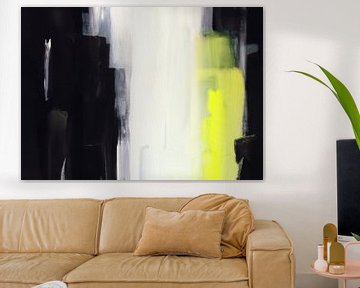 Modern abstract in zwart-wit en fel neon geel van Studio Allee