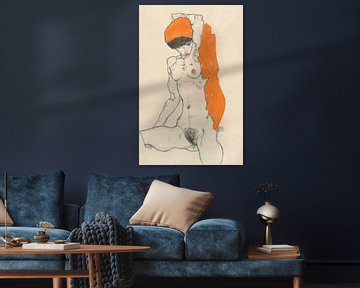 Staand naakt met oranje gordijn, Egon Schiele
