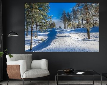 Landschap met sneeuw in de winter in Kuusamo, Finland van Rico Ködder