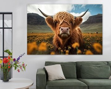 Schotse hooglander close up in de natuur van Digitale Schilderijen