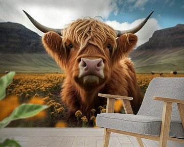 Scottish highlander close up in nature by Digitale Schilderijen