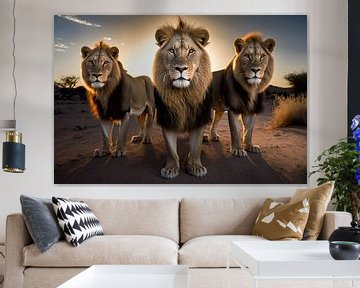 Drie leeuwen tijdens het gouden uurtje van Digitale Schilderijen