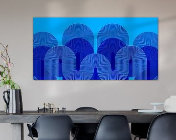 Coucher de soleil rétro avec arc-en-ciel géométrique bleu sur Mad Dog Art