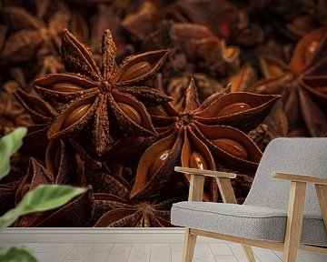 Two star anise on top of star anise in warm colours by Marjolijn van den Berg