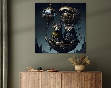 Twee steampunk katten in een heteluchtballon van Jan Bechtum