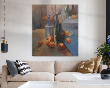 Impressionistisch stilleven met appels en flessen - Olieverfschilderij op doek