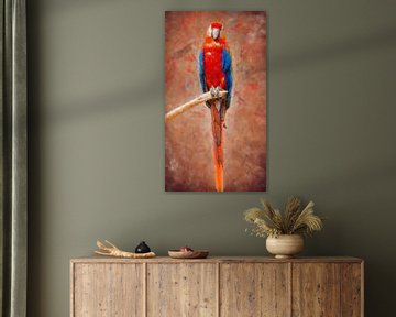 Kleurrijke papagaai op een stok (kunst, schilderij) van Art by Jeronimo