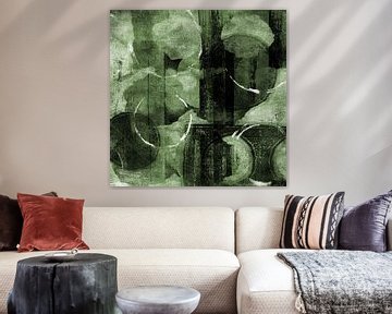 Moderne abstracte organische vormen en lijnen in groen, zwart en wit. van Dina Dankers