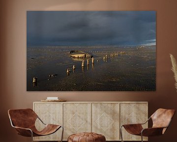 Wreck of a pram on the Wadden Sea near Wierum by Hillebrand Breuker