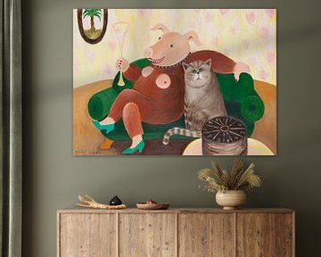 Vrouwelijk varken met kat op de bank van Dorothea Linke