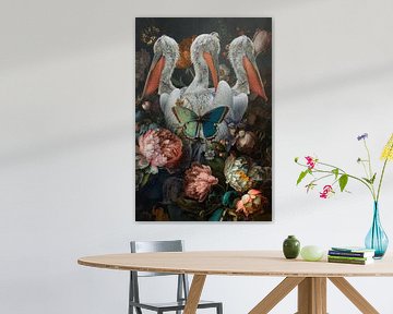 3 pelicanen met vlinders en bloemen