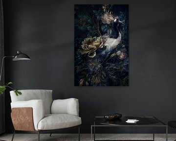Donkere kraanvogel met bloemen van Joey Hohage