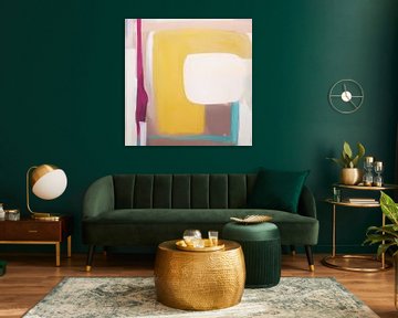 Modern abstract in geel, bruin, blauw en roze van Studio Allee