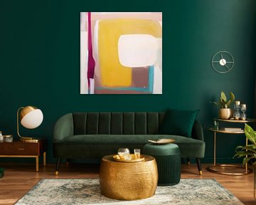 Modern abstract in geel, bruin, blauw en roze van Studio Allee