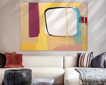 Modern abstract in geel, blauw, rood en roze van Studio Allee