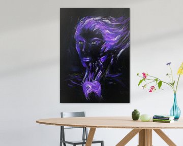 Femme aux couleurs violettes et néon. Peint à la main. sur Ineke de Rijk